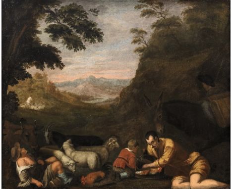 Follower of Jacopo Bassano (Bassano del Grappa 1510-1592)Drovers resting with their herd, an extensive landscape beyond oil o