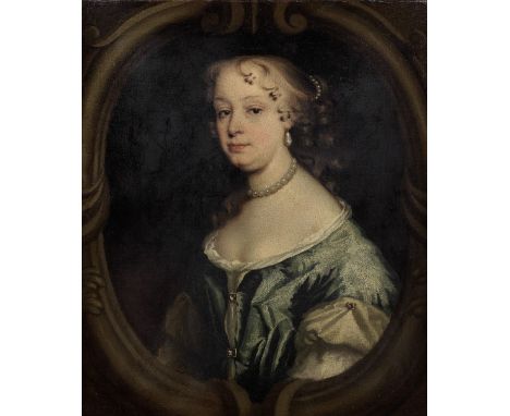 Circle of Mary Beale (Barrow 1633-1699 London)Portrait of a lady, half-length, wearing a blue dress and pearls, within a pain