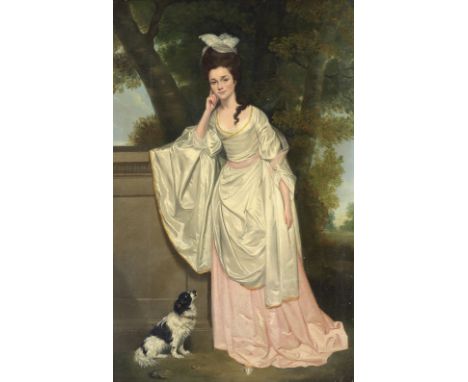 Circle of Anthony Devis (Prestwood 1729-1816 Albury)Portrait of a lady, full-length, in a pink and white dress in a landscape