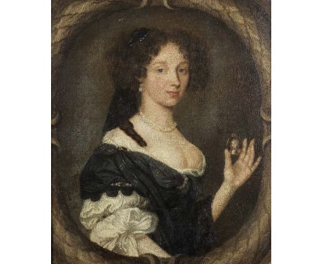 English School, 17th CenturyPortrait of a lady, said to be Ann Curren, half-length, holding a portrait miniature of a boy, wi