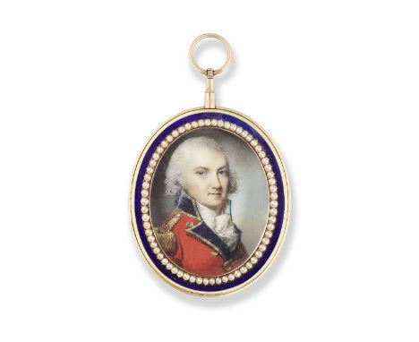 George Engleheart (London 1750-1829)A portrait miniature of an officer, wearing red coat with blue collar and facings edged w