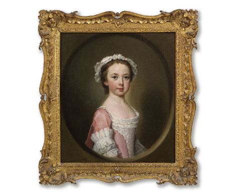 George Knapton (London 1698-1778)Portrait of a girl, half-length, in a pink and white dress, within a painted oval; and Portr