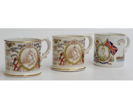 Two Queen Victoria coronation ware mugs and a George V mug.    Condition report:  1 - Crack running through Queen Victoria po