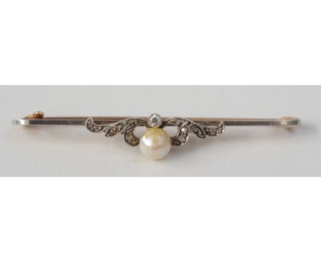 A diamond and pearl 15ct gold bar brooch in Hancock's box. 