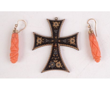 A 19th century pique d'argent d'or cross, together with two gold mounted coral earrings. 