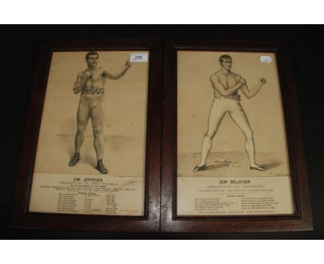 A pair of black and white boxing prints of Jem Belcher, Champion of England and Jim Jeffries, Champion of the world, one insc