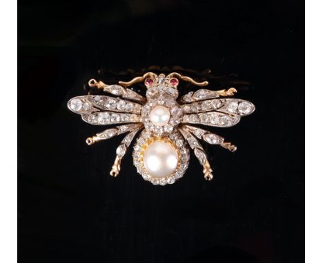 A fine late Victorian gold bumble bee brooch, the abdomen a pearl and diamond cluster, the thorax a large pearl and diamond c