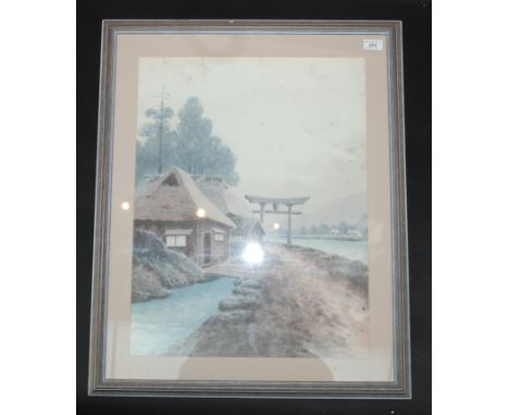 A Japanese watercolour of a rural scene with thatched homes beside a stream, a wood footway across to a narrow strip of land 