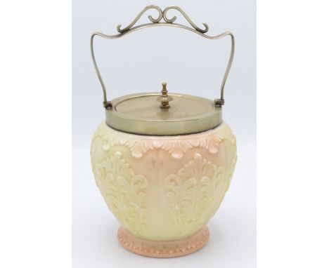 A Locke & Co Worcester biscuit barrel, the silver plated cover above a blush ivory body, height 16cm.