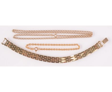 A 9ct gold belcher link chain, a 9ct gold rope twist bracelet and a 9ct gold gate link bracelet. 30.4g.