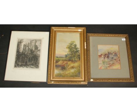 A Richard Moreland watercolour entitled 'Polperro', an oil on board of a man fishing signed J.H. Seagust and a George Cuitt e