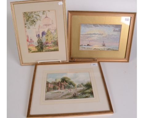 R. Macauley, a watercolour, old cottages with figures and poultry on a path, signed, 17 x 24cm, G.G Branscombe, a watercolour