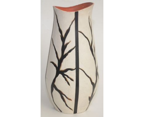 A Brentleigh Ware pottery vase, with abstract branch decoration on an ivory ground, height 38cm.