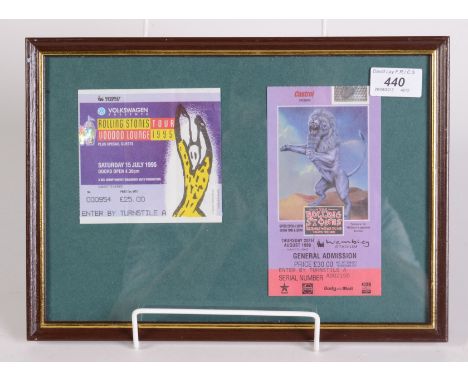 The Rolling Stones, two concert tickets for the Voodoo Lounge 1995 and Bridges of Babylon 1998 tours, framed as one.