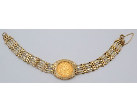 An Elizabeth II half sovereign, extremely fine, mounted in a 9ct gold gate link bracelet, total weight 9.9g.