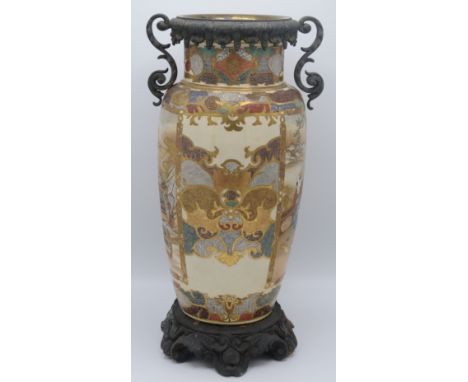 A Japanese Satsuma vase, now converted to a lamp base, with metal mounts and twin handles, the baluster body decorated with a