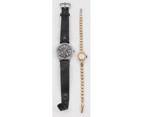 A ladies Everite gold case wristwatch on gold bracelet, together with a Timex boys wristwatch with black dial inscribed 'Grea