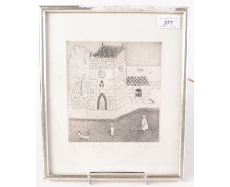 A Betty Holman etching, of a church with figures and dog in the foreground, entitled 'The Parish Church', signed in pencil, d