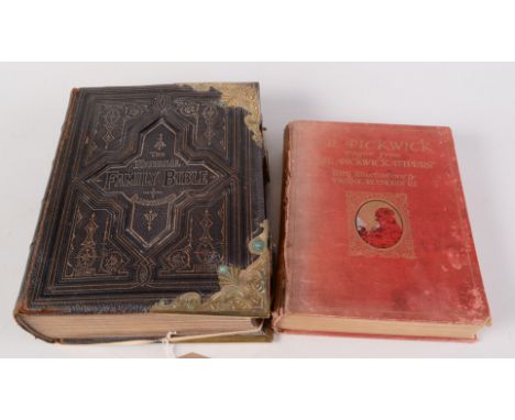 The National Family Bible, illustrated, leather bound and brass mounts, 'Mr Pickwick Pages From The Pickwick Papers', a woolw