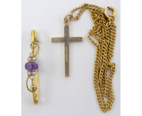 A 9ct gold cross pendant on a gilt chain, together with a 9ct gold bar brooch set an amethyst and seed pearls.
