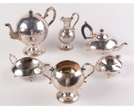 A discus, three piece EPNS tea service by J.B. Chatterley & Sons Ltd, together with a vase shape, three piece tea service. 