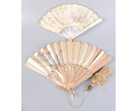 A mother of pearl silk fan, painted decoration of a couple before a statue, in a country scene, signed 'A Le Loutre', length 