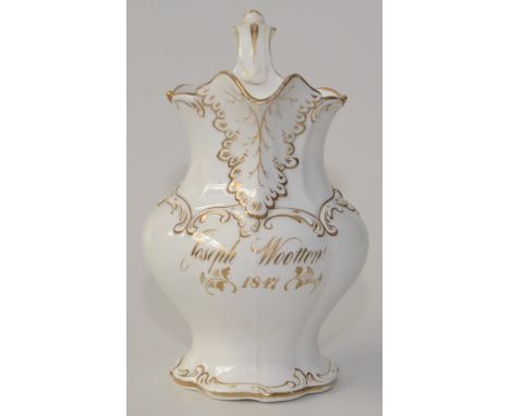 A 19th century pottery jug with gilt inscription  'Joseph Wootton 1847', with acanthus leaf decoration, height 21cm, three 'S