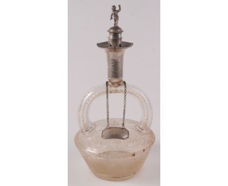 A Victorian engraved glass stirrup form decanter with engraved silver mounts and sculptural stopper by Jehoiada Alsop Rhodes,