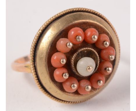 A Victorian gold, coral and pearl ring. 