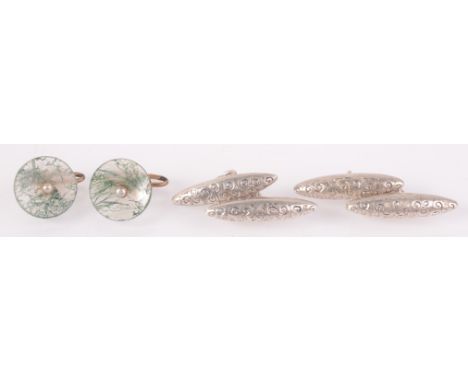 A pair of moss agate, pearl and gold buttons and a pair of late Victorian silver chased cufflinks, Chester 1896.