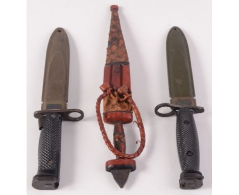 A US M7 Conetta knife bayonet, the partial double edged blade measuring 16.7cm in length, a US M6 knife bayonet, marked Milpa
