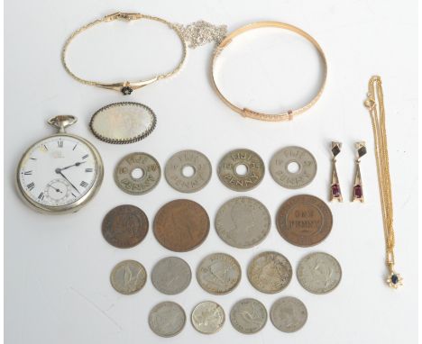 An Omega pocket watch, coins, and a Chinese mother of pearl brooch etc. 