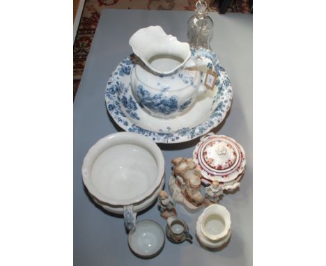 A Johnson Bros. 'Manhattan' pattern toilet set, together with a Victorian Staffordshire cottage group, a glass decanter and s