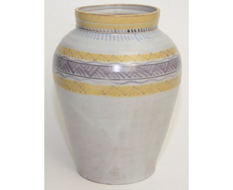 A Poole Pottery Carter Stable Adams baluster vase, with polychrome bands of abstract design, (no lid) height 30cm.     Condit