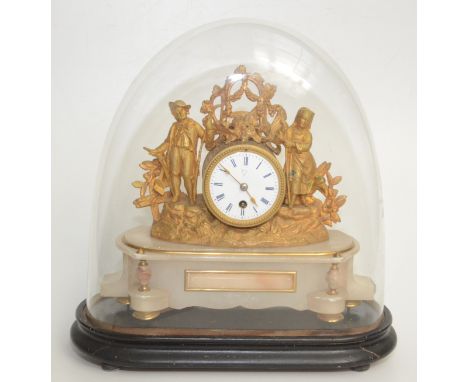 A French alabaster and gilt metal mantel clock, 19th century, the circular enamel dial flanked by figures of a boy and girl, 