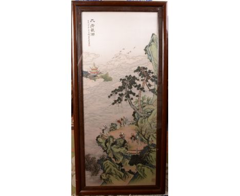 A good 20th century Chinese silk embroidered panel, decorated with figures on a riverside balcony looking towards a pagoda in