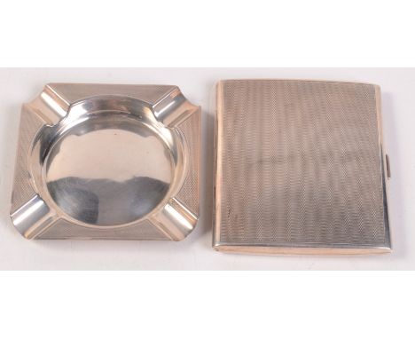 An engine turned silver cigarette case and an engine turned silver ashtray. 4.5oz.