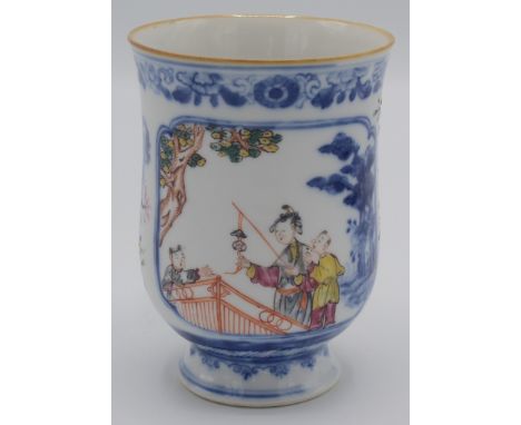 A Chinese export porcelain, famille rose mug, the central panel decorated with a family on a bridge, 18th century, height 11.