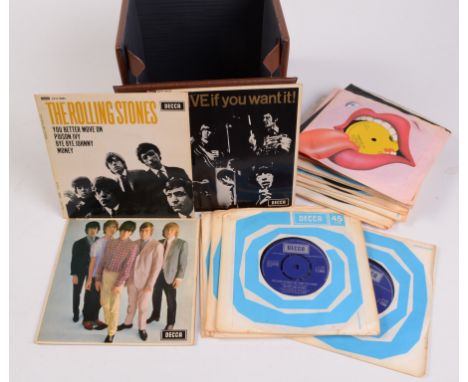 A case of 1960s/early 70s Rolling Stones vinyl 45rpm records, including fifteen Decca blue label and three EPs.