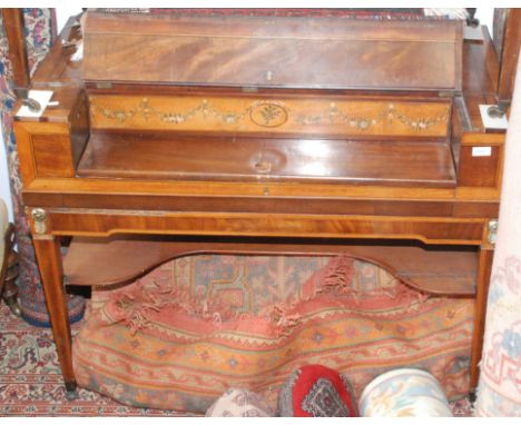 A 19th century mahogany and crossbanded table piano, now as a desk with a sliding shelf, width 108cm.