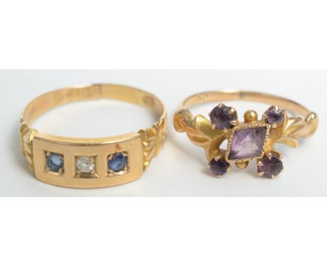 A Victorian 18ct gold amethyst ring and an Edwardian diamond and sapphire 18ct gold ring. 