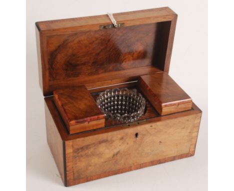 A figured walnut and rosewood crossbanded tea caddy, early 19th century, ebony strung, the fitted interior with a later mould