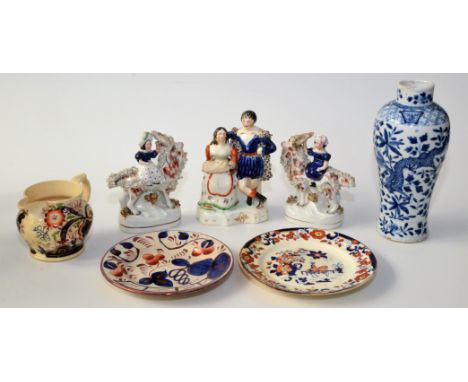 A pair of Victorian Staffordshire pottery figures of girls riding goats, width 15cm, a Staffordshire group, a Chinese vase wi