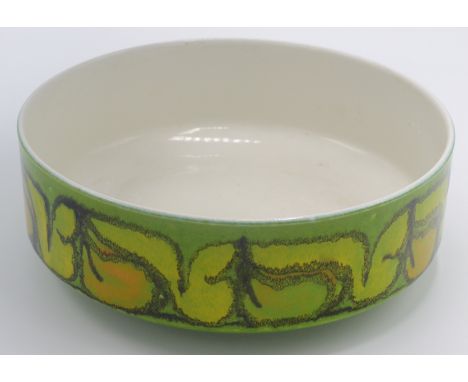 A Poole Pottery circular fruit bowl, by Cynthia Bennett, the green ground with abstract designs, No.96, diameter 25cm. 