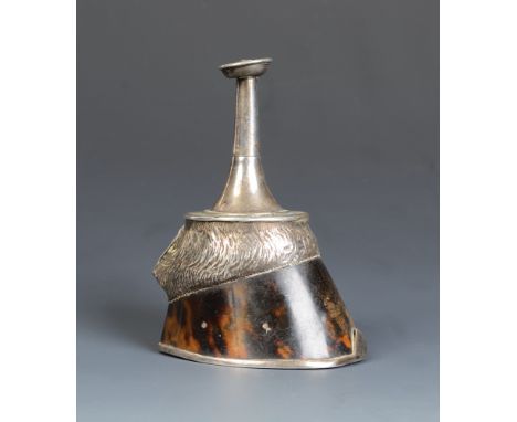 A rare table silver cigar lighter in the form of a tortoiseshell covered horses hoof and an inverted hunting horn to hold the