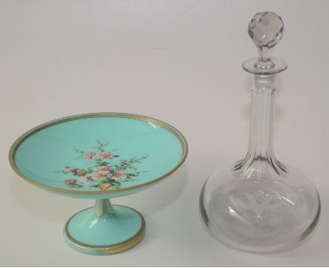 A Masonic cut glass decanter inscribed G 424, height 30cm, together with a turquoise opaque glass comport painted with flower