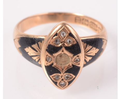 A 15ct gold Victorian black enamel mourning ring set diamonds, central pearl missing. 