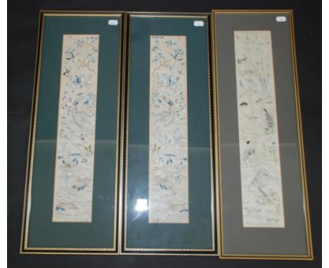 A framed pair of 19th century Chinese silk embroidered rectangular panels, decorated with ducks, butterflies and exotic birds
