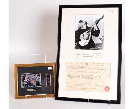 A Brian Jones photograph and facsimile death certificate, framed as one, a collection of Brian Jones Aftermath Fan Magazine, 