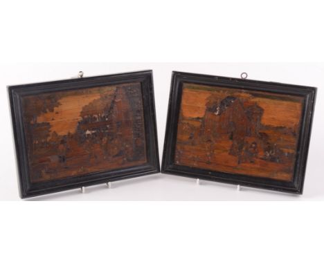 A pair of straw work pictures, 18th century, signed and dated 'C.H.H, 1723', the first decorated with village scenes of figur